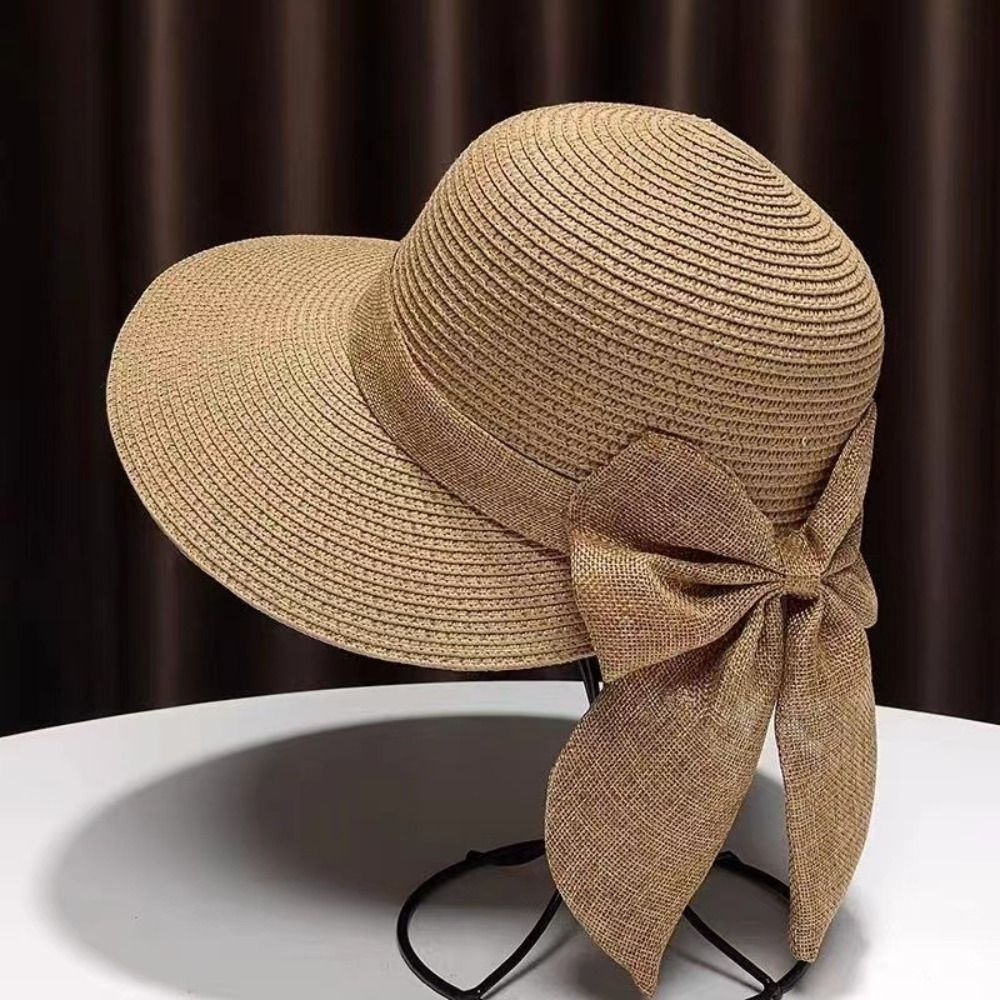 Bucket Hat Straw - หมวกมีปีกกว้างระบายอากาศได้ดีติดโบว์สำหรับผู้หญิงหมวกฟางแบบลำลองป้องกันรังสียูวีหมวกชายทะเลหมวกบังแดดฤดูร้อน