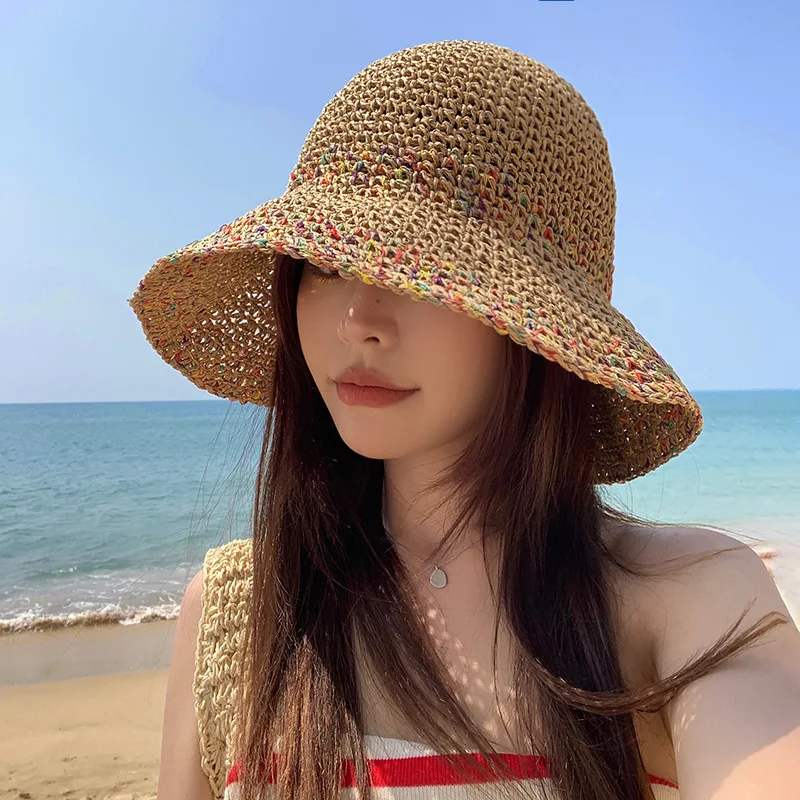 Bucket Hat Straw - หมวกกันแดดฤดูร้อนสําหรับผู้หญิงหมวกฟางแสดงใบหน้าหมวกถังขนาดเล็กม่านบังแดดขนาดใหญ่และครีมกันแดดหมวกชายหาดริมทะเล