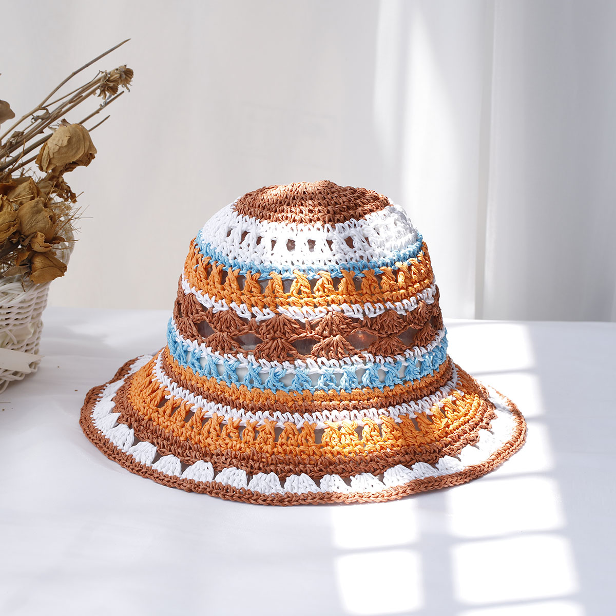 Bucket Hat Straw - หมวกผู้หญิงหมวกถักลาย Topi Bucket หลากสีพับได้หมวกฟางทำมือสำหรับชายหาดท่องเที่ยวและพักผ่อน